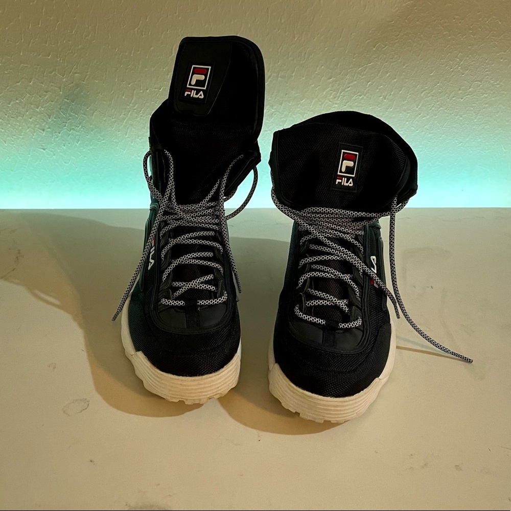 Navy blue FILA high top platform shoes